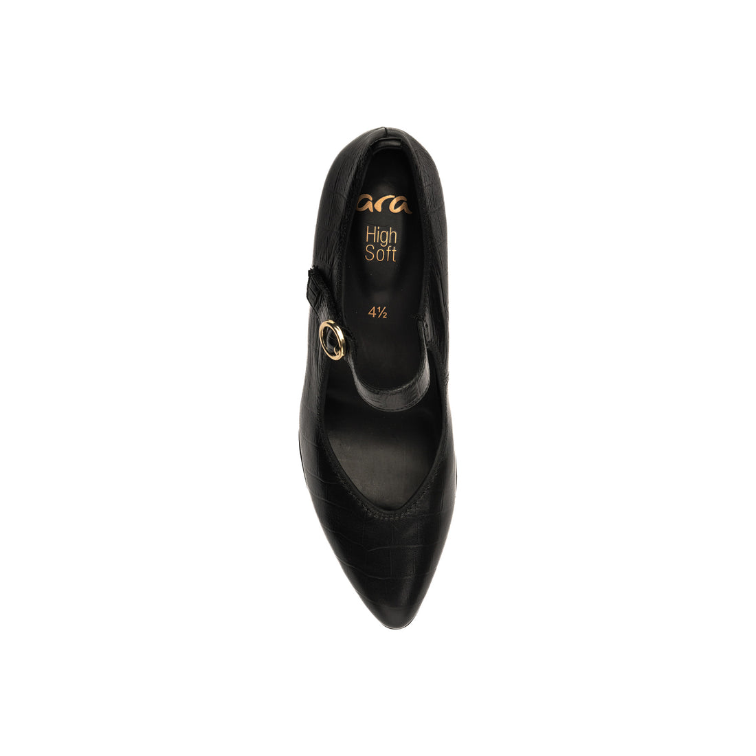 Pump in amethyst leather, gold buckle strap, High Soft comfort label, ara brand, size 4½.