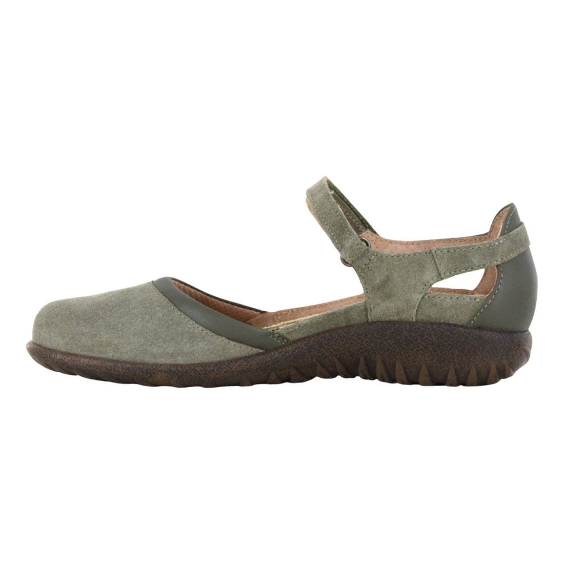 Shoe, green Naot Tekapo Mary Jane flat, thick slip-resistant rubber sole, adjustable strap, profile view.