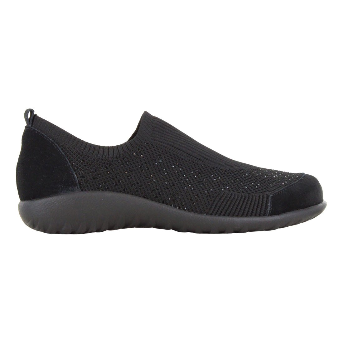 Shoe, black Naot Reo with knit upper, rubber sole, low heel, shown left profile. Designed for comfort.
