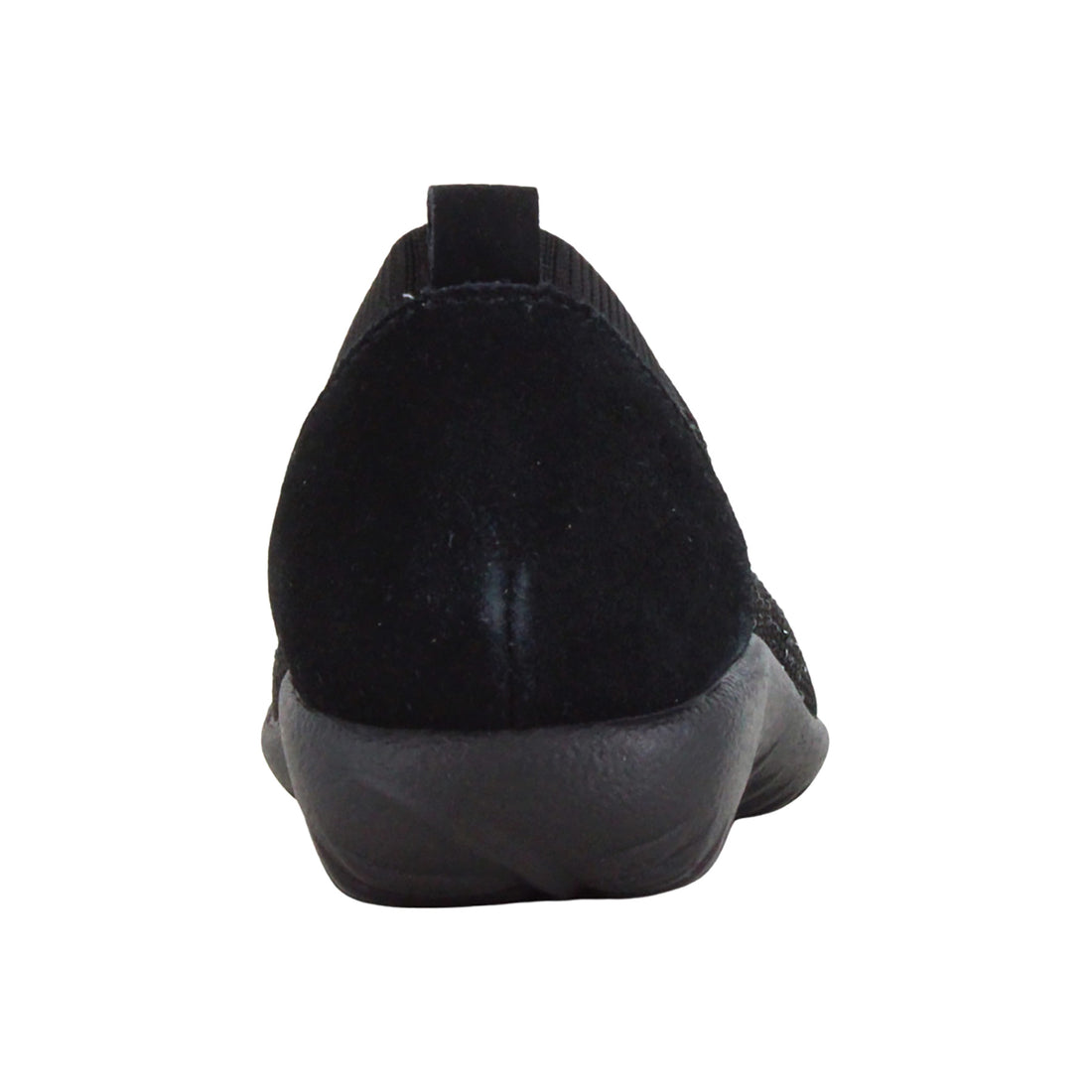 Shoe, back view, Naot Reo in suede with thick slip-resistant rubber sole, orthotic-friendly design.