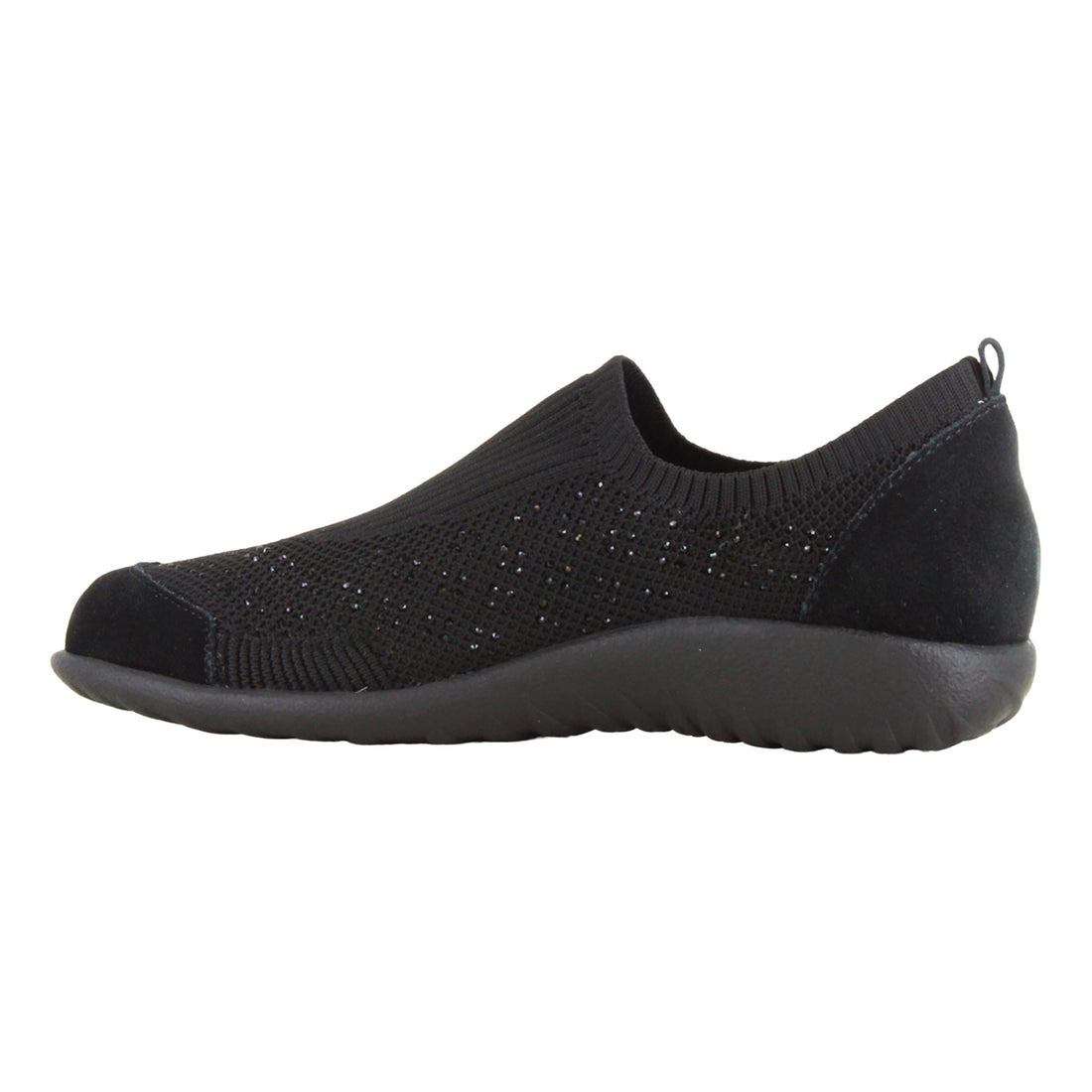 Shoe, black knit, Naot Reo, slip-on with rubber sole, low heel, orthotic friendly features shown in side view.