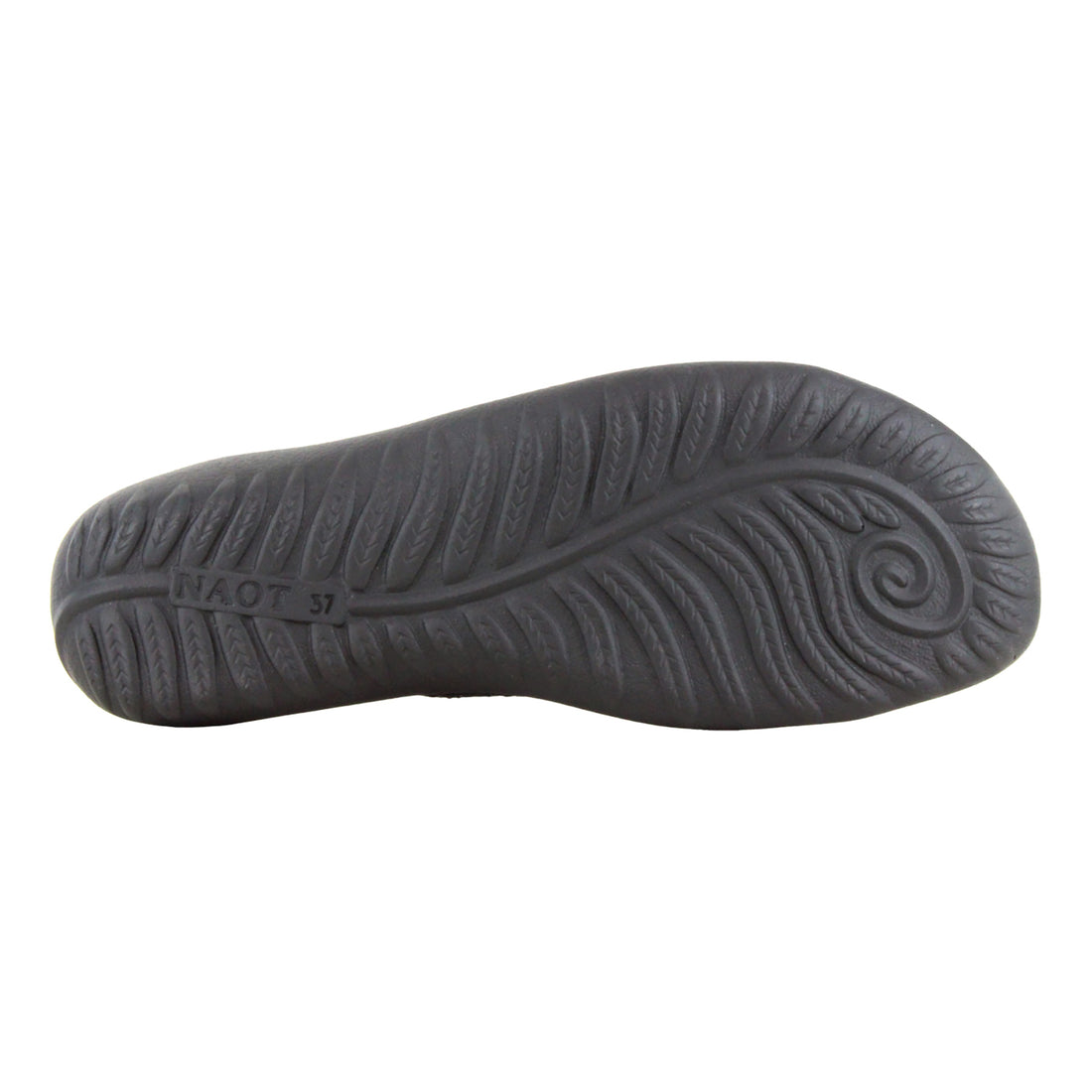Sandal, black leather, slip-resistant sole with leaf tread pattern, toe swirl, NAOT 37 embossed, orthotic-friendly.