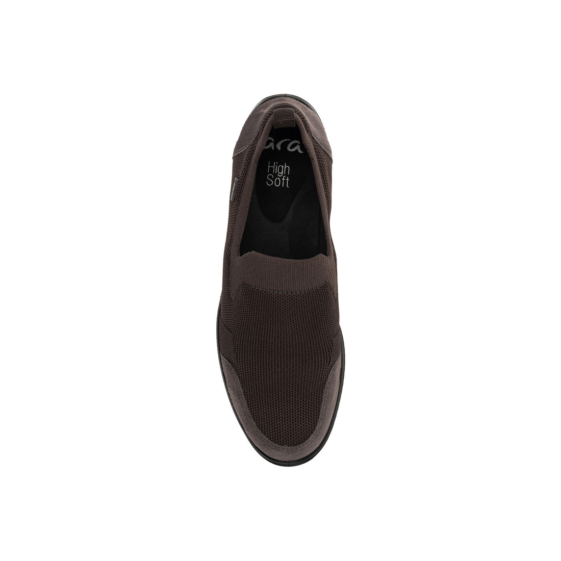 Shoe, brown mesh slip-on ara Lilith 2, top view; insole shows Highsoft comfort cushioning text.