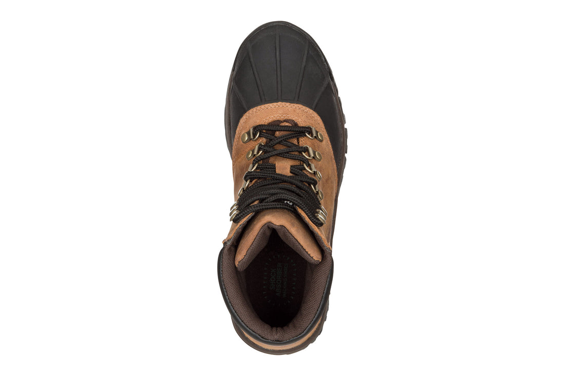 Boot, black leather upper with rubber toe, Propet Blizzard Mid Lace, mens insulated waterproof comfort footwear on white.