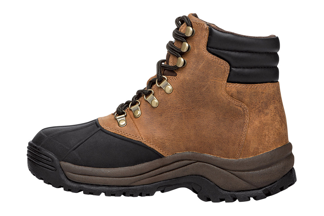 Boot, black leather upper with rubber toe, Propet Blizzard Mid Lace, mens insulated waterproof comfort footwear on white.