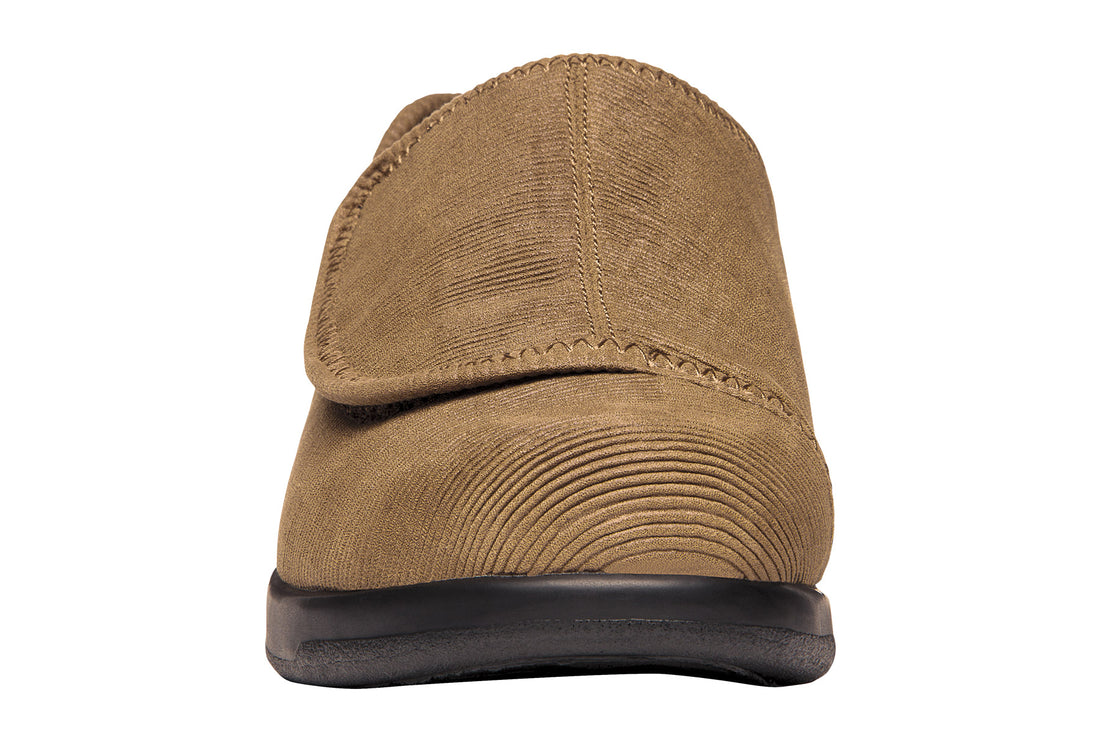 Shoe, black rubber chevron sole, cushioned footbed, Propet logo centered.