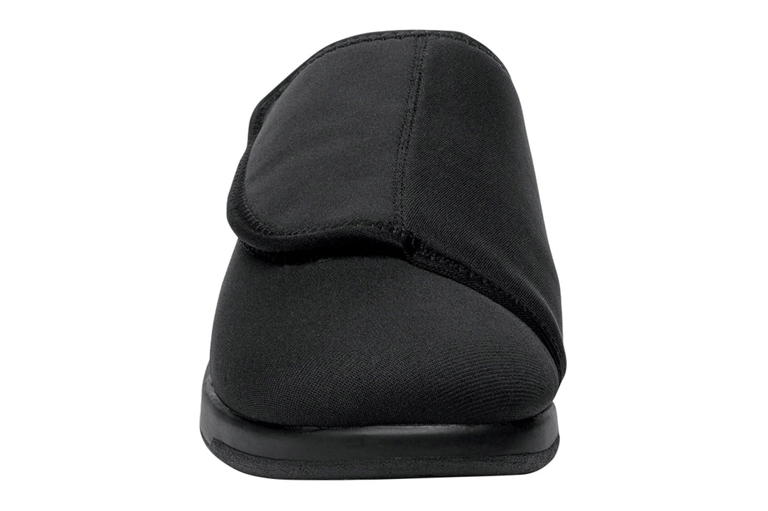 Shoe with black chevron rubber sole, Propet logo, for Cush N Foot slippers; features removable insoles for comfort.