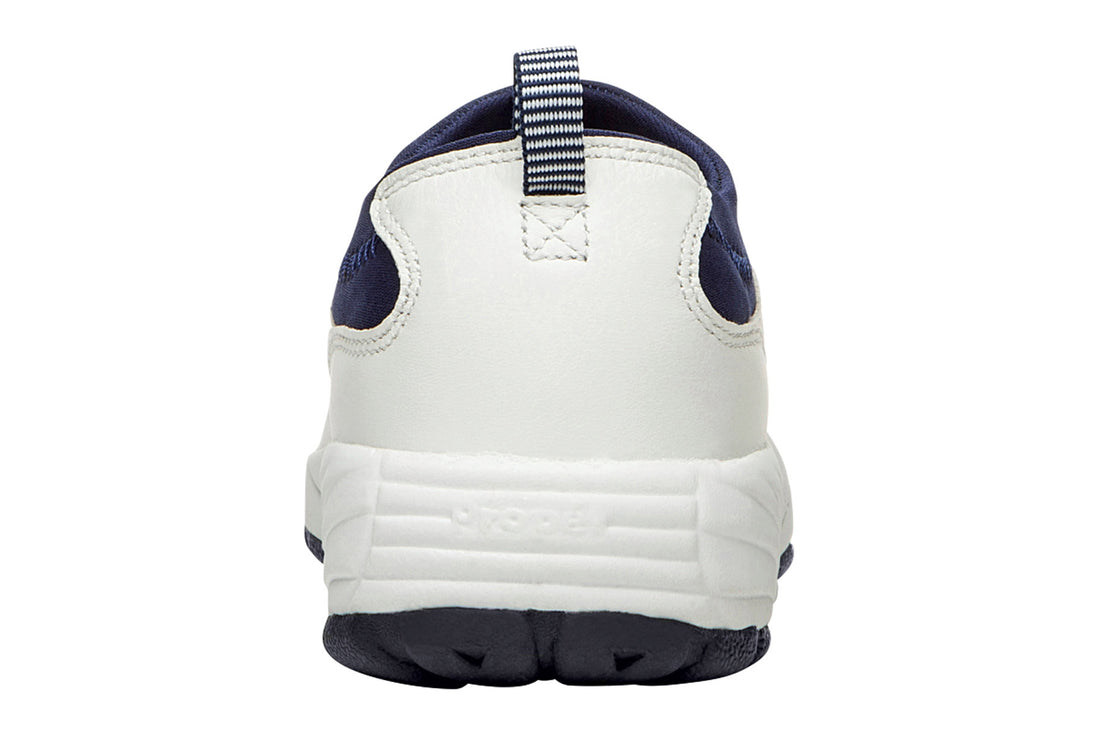 Shoe, Propet Ww So II Sr, white with navy trim, slip-on, cushioned insole, thick sole, striped heel pull tab.