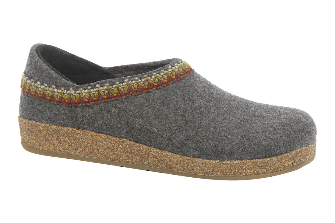 Clog with gray wool felt upper, cork-latex footbed, yellow-red stitching; Haflinger GZH classic style.