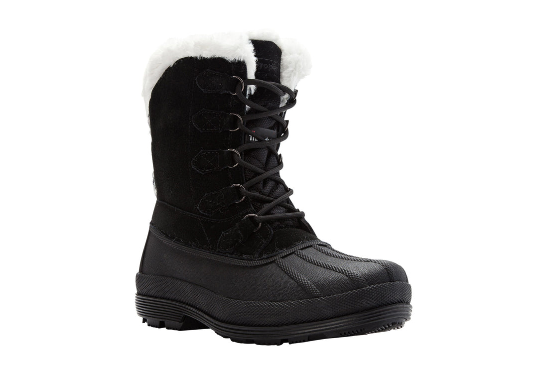 Boot, Propet Lumi Tall Lace, black waterproof suede, textured sole, lace-up front, white faux fur lining.