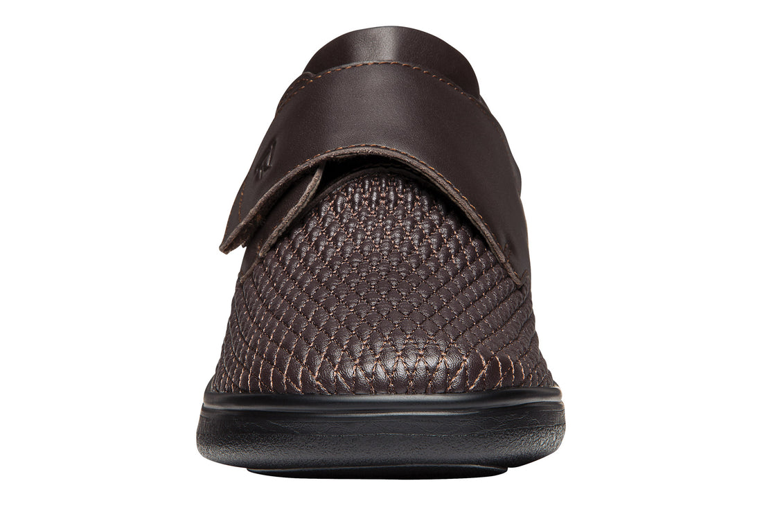 Shoe, Propet Olivia brown textured front, Velcro strap, black sole; supports custom orthotics and comfort.