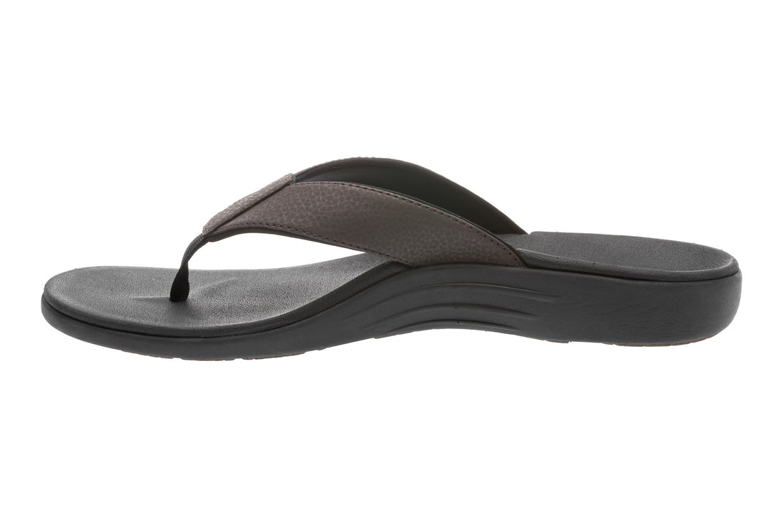 Sandal, ABEO Jerome, brown/black leather, contoured sole, orthotic arch support, toe post; side view.