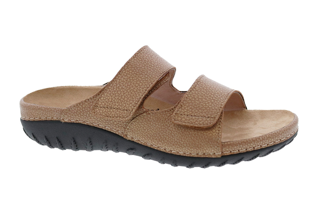 Sandal, brown leather, Cruize by Drew Shoes, two adjustable straps, black sole, removable footbed for comfort.