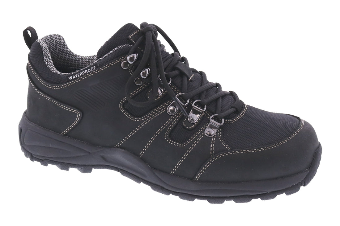 Boot, Drew Shoes Canyon; black waterproof with metal eyelets, removable footbed, white stitching for comfort and support.