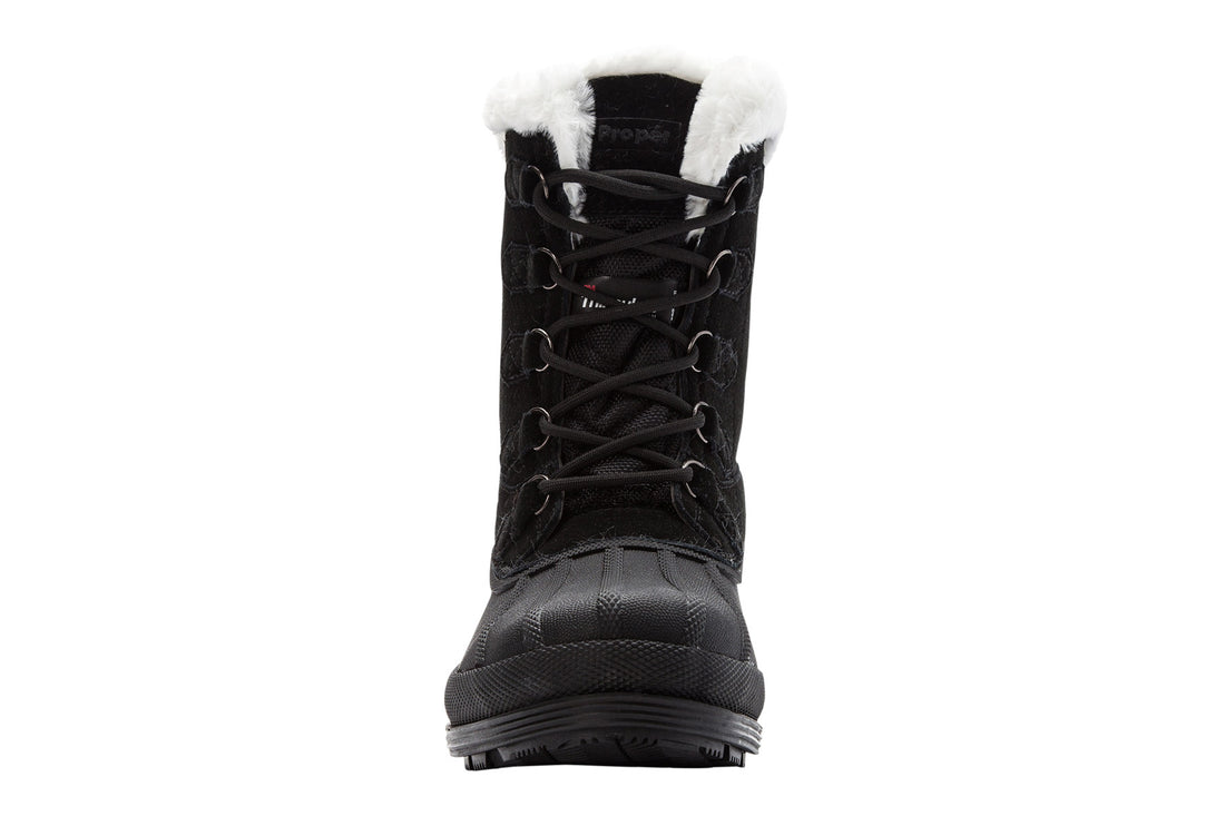 Boot, Propet Lumi Tall Lace, black waterproof suede, textured sole, lace-up front, white faux fur lining.