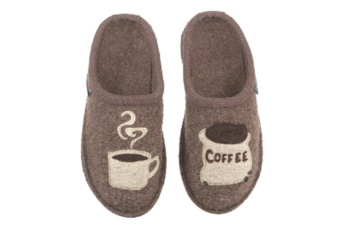 Slippers, wool, Haflinger Coffee: left has a steaming mug, right shows COFFEE-labelled bag. Cushioned footbed visible.