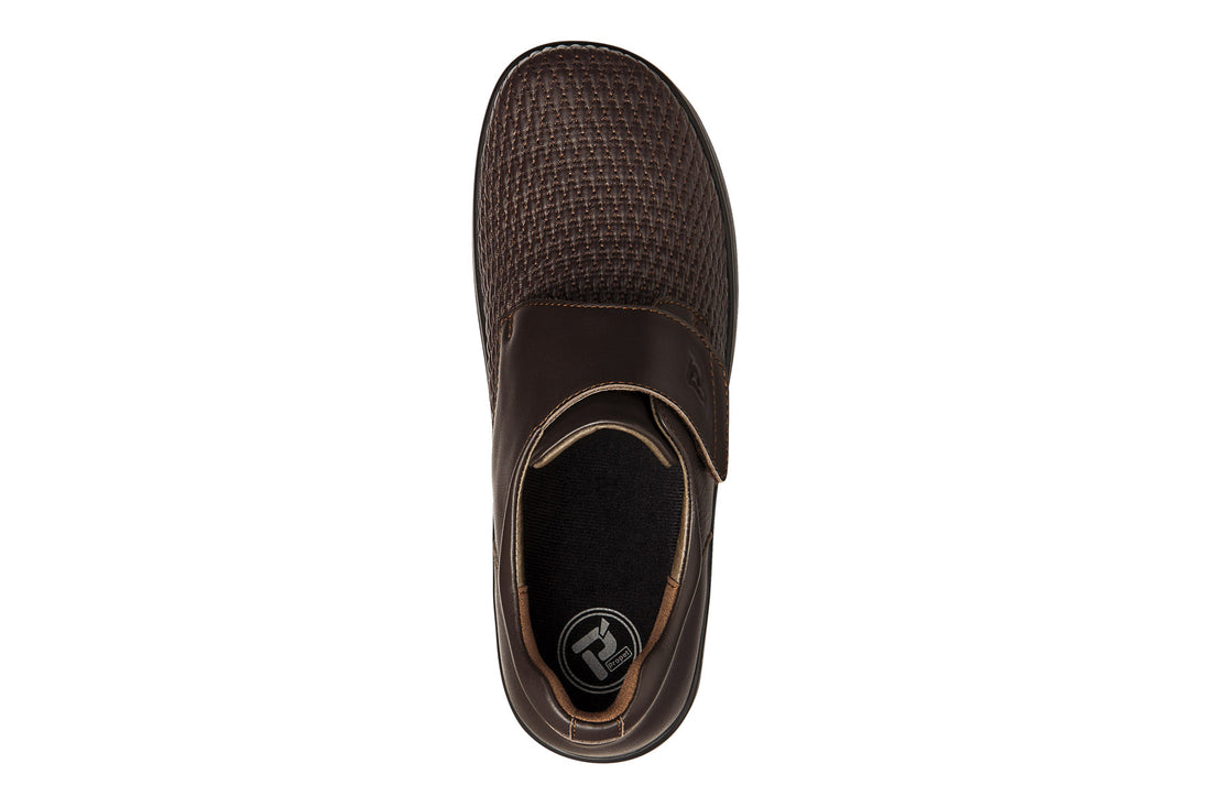 Shoe, Propet Olivia brown textured front, Velcro strap, black sole; supports custom orthotics and comfort.