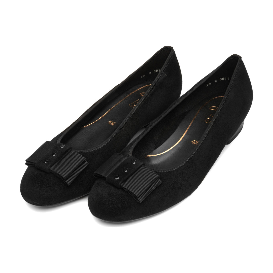 Flat shoe, black suede, by ara; round toe, bow detail, HighSoft comfort insole for everyday wear.