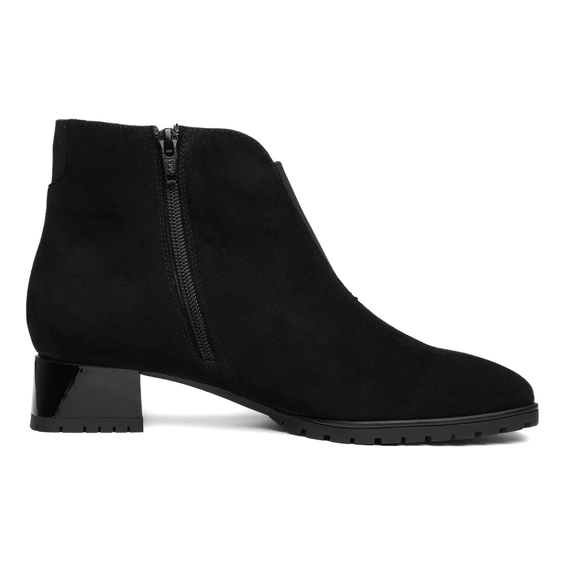 Boot, black suede, ara Garland, women’s ankle height with HighSoft cushioning, side zipper, low chunky heel.