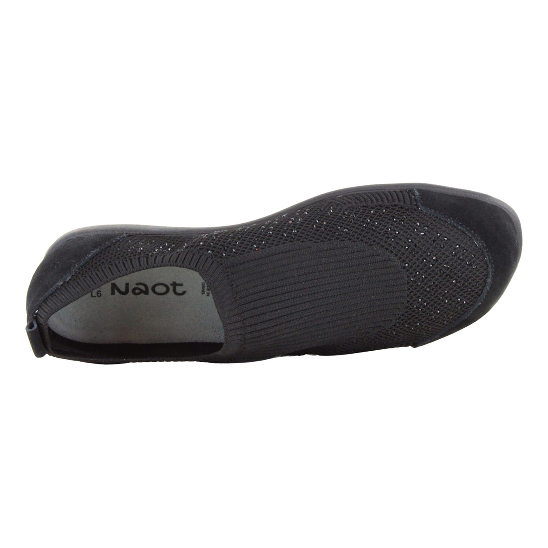 Shoe, top view, Naot Reo, knit upper, slip-resistant sole, orthotic-friendly insole.