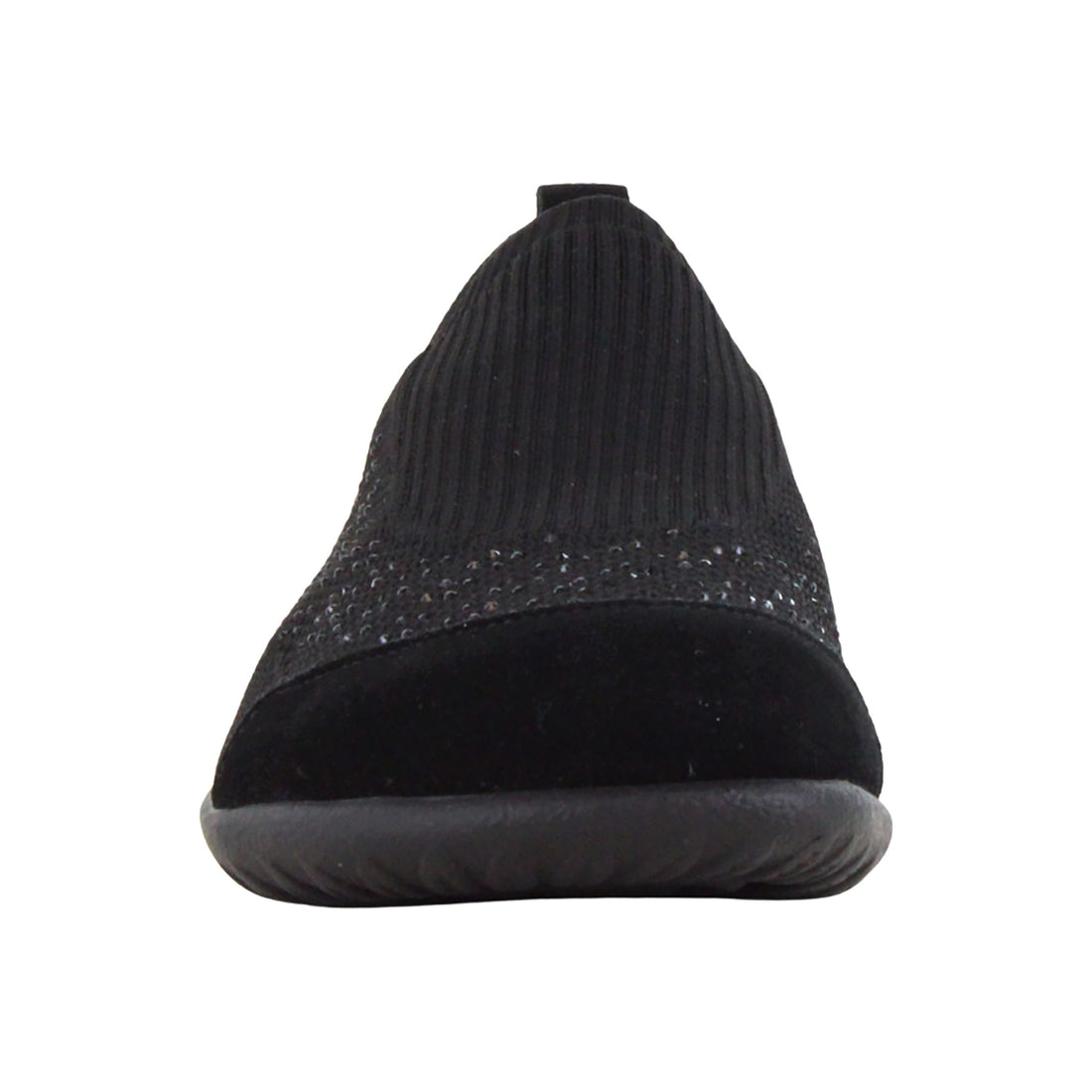 Shoe, black textured upper, Naot Reo slip-on with rounded rubber sole and visible orthotic support.