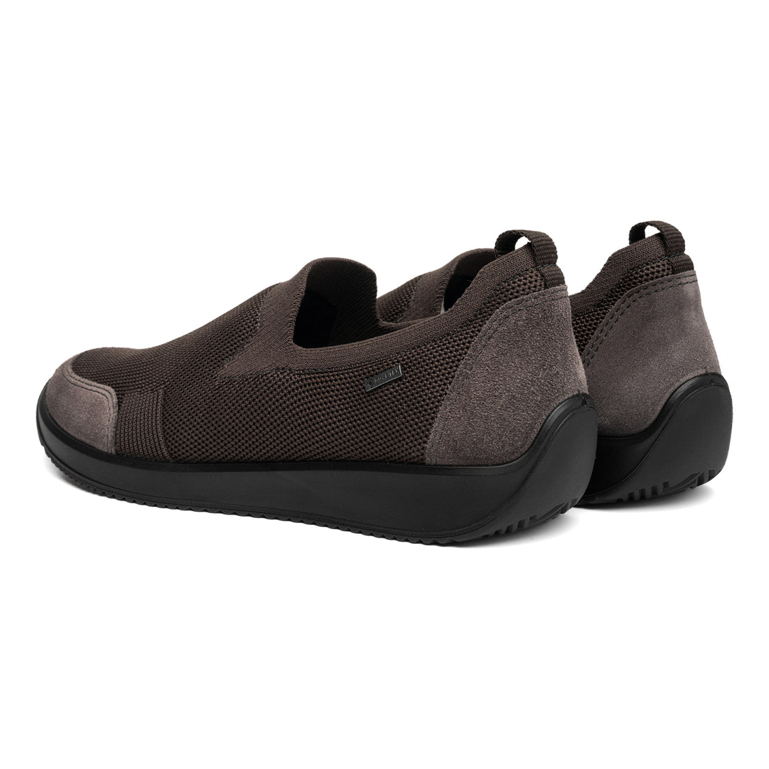 Slip-on shoe, brown textile, black sole, ara Lilith 2 with Highsoft comfort. Shown from back and side views.