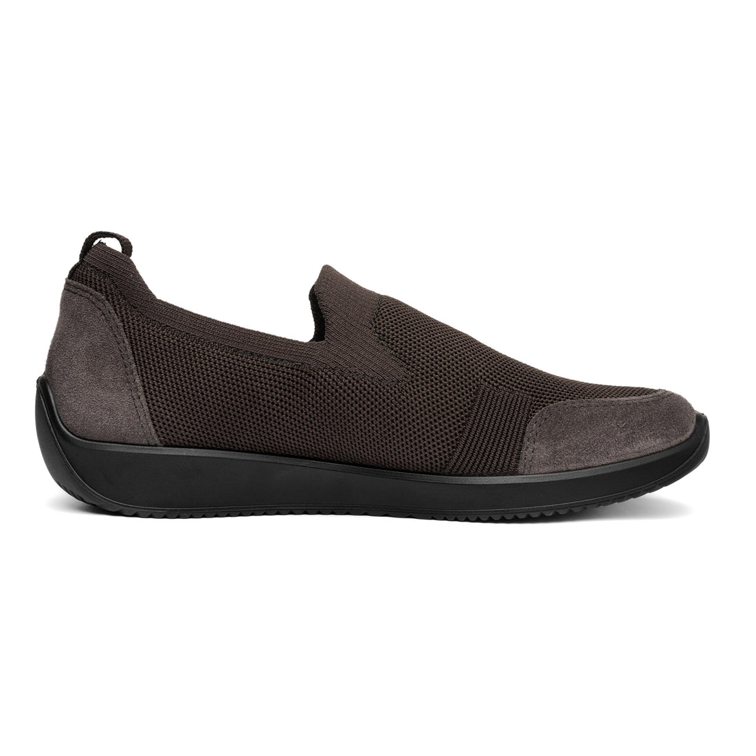 Shoe, brown mesh and suede-like, black sole, heel pull tab, ara Lilith 2 with Highsoft comfort cushioning.