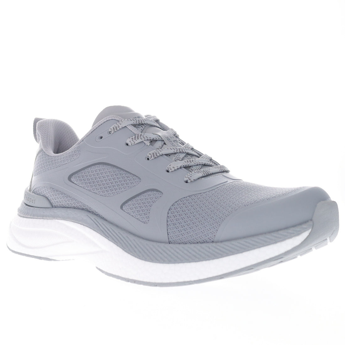 Propet 392 DuroCloud men's sneaker in Grey with mesh upper, lace-up closure, and white cushioned midsole