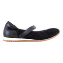 Mary Jane flat by Naot, black leather, adjustable ankle strap, light brown sole, side view. 28739295346949