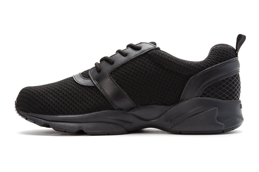 Shoe, Propet Stability X, black mesh and leather, lace-up, rubber sole, pull tab, side view, removable PU insole.