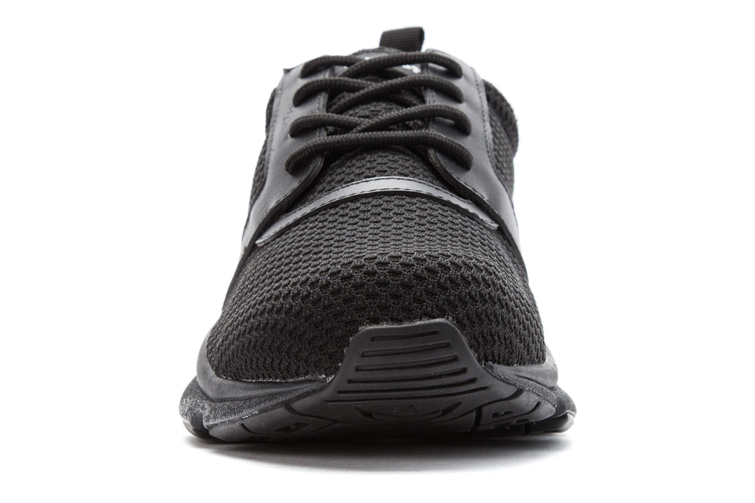 Shoe, Propet Stability X, black mesh and leather, lace-up, rubber sole, pull tab, side view, removable PU insole.