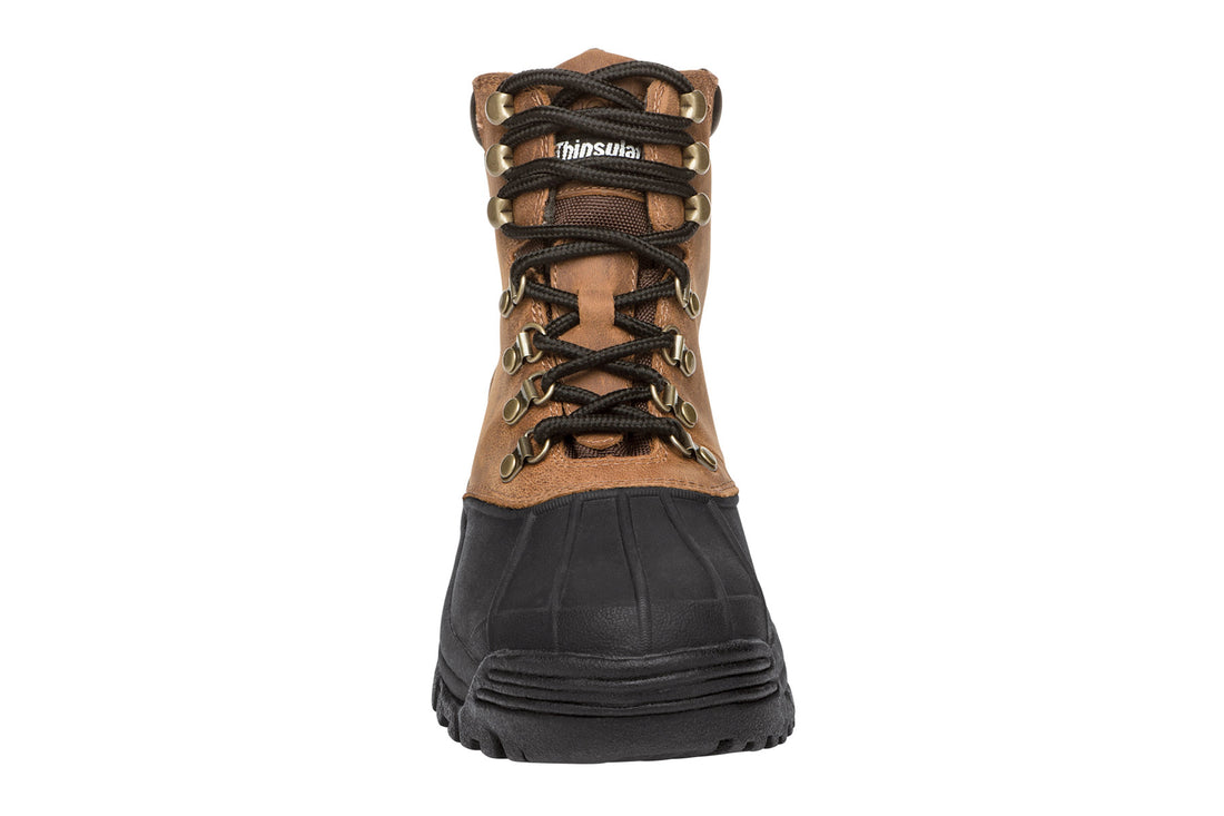 Boot, black leather upper with rubber toe, Propet Blizzard Mid Lace, mens insulated waterproof comfort footwear on white.