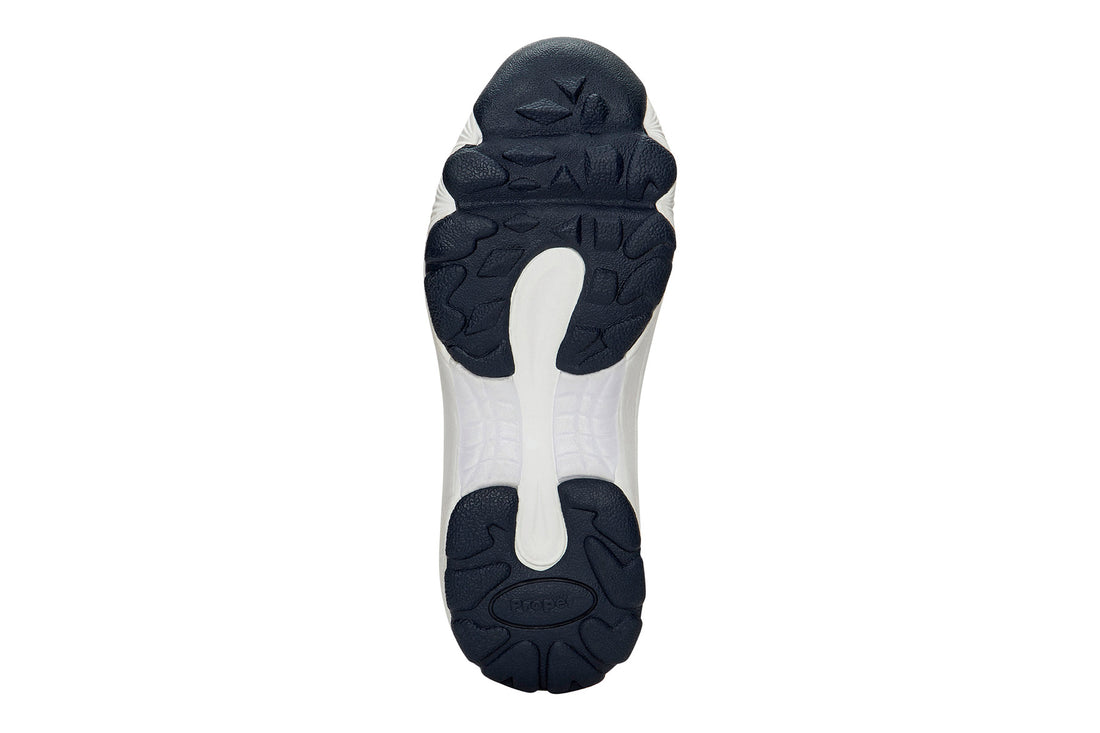 Shoe, Propet Ww So II Sr, white with navy trim, slip-on, cushioned insole, thick sole, striped heel pull tab.