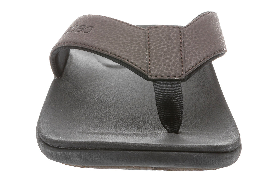 Sandal, ABEO Jerome, brown/black leather, contoured sole, orthotic arch support, toe post; side view.