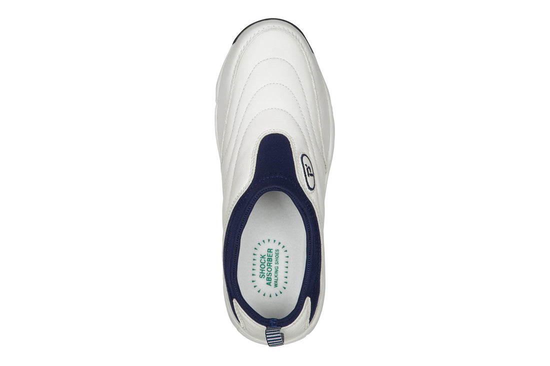 Shoe, Propet Ww So II Sr, white with navy trim, slip-on, cushioned insole, thick sole, striped heel pull tab.