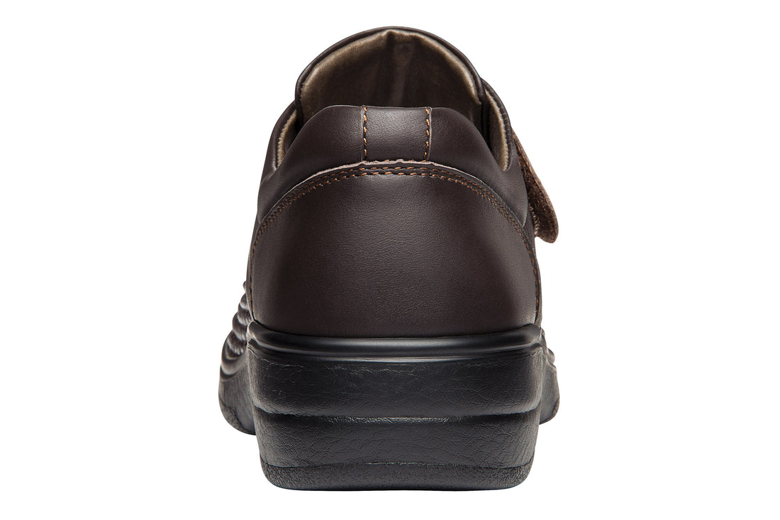 Shoe, Propet Olivia brown textured front, Velcro strap, black sole; supports custom orthotics and comfort.