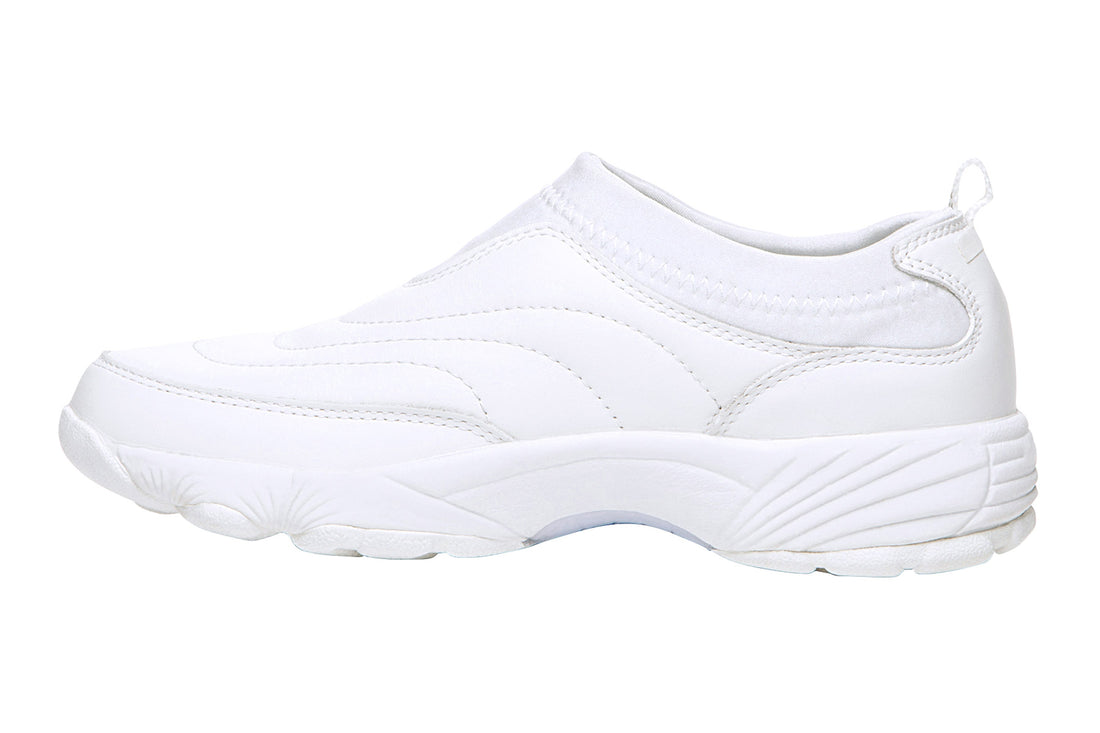 Slip-on shoe, white leather, Propet Ww So II Sr, cushioned insole, thick sole, subtle stitching for women.