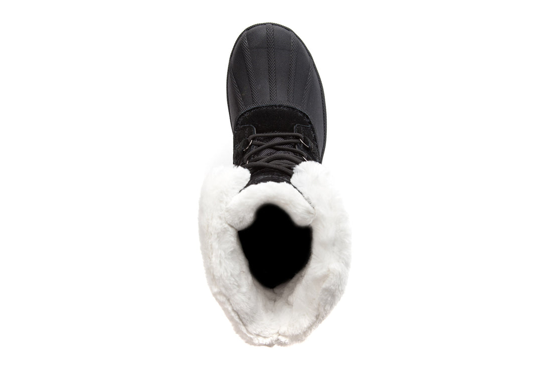 Boot, Propet Lumi Tall Lace, black waterproof suede, textured sole, lace-up front, white faux fur lining.