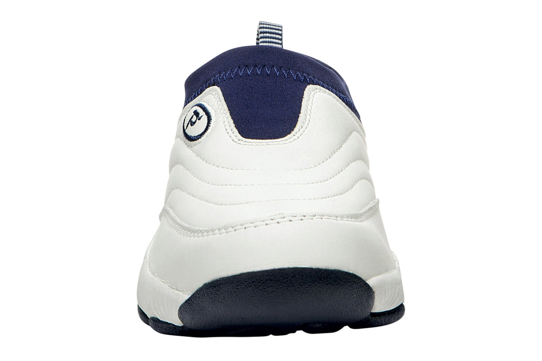 Shoe, Propet Ww So II Sr, white with navy trim, slip-on, cushioned insole, thick sole, striped heel pull tab.