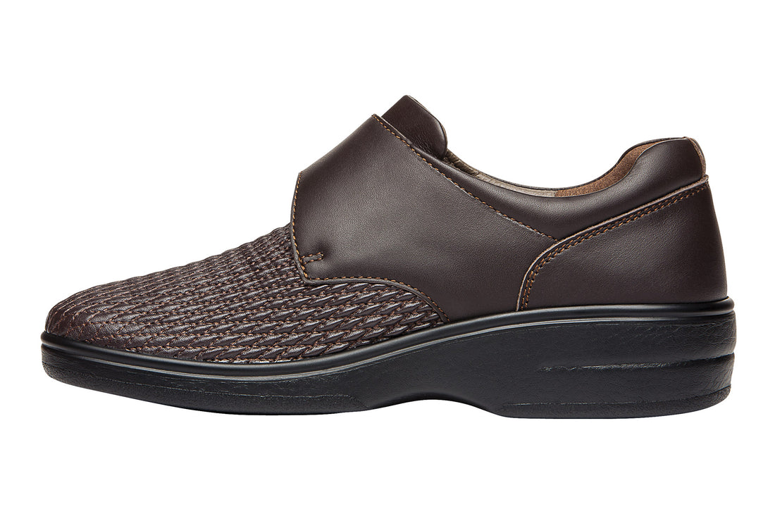 Shoe, Propet Olivia brown textured front, Velcro strap, black sole; supports custom orthotics and comfort.