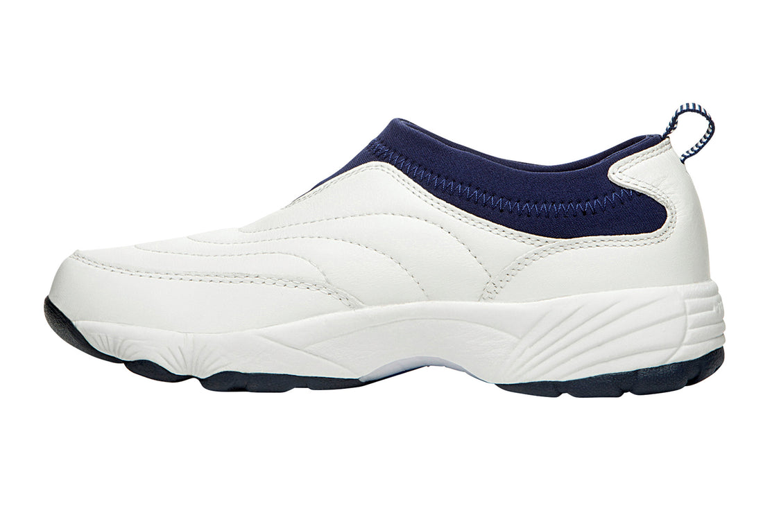 Shoe, Propet Ww So II Sr, white with navy trim, slip-on, cushioned insole, thick sole, striped heel pull tab.