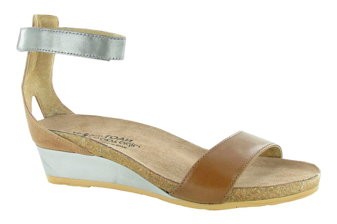 Sandal, Naot Pixie, brown and silver leather with tan insole, open toe, ankle strap, cork-latex supportive footbed.