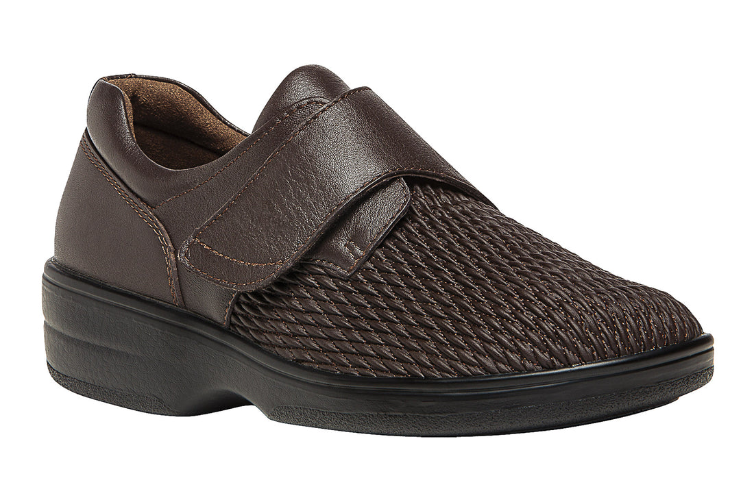 Shoe, Propet Olivia brown textured front, Velcro strap, black sole; supports custom orthotics and comfort.