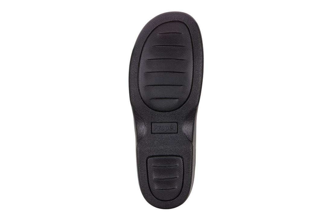 Shoe, Propet Olivia brown textured front, Velcro strap, black sole; supports custom orthotics and comfort.