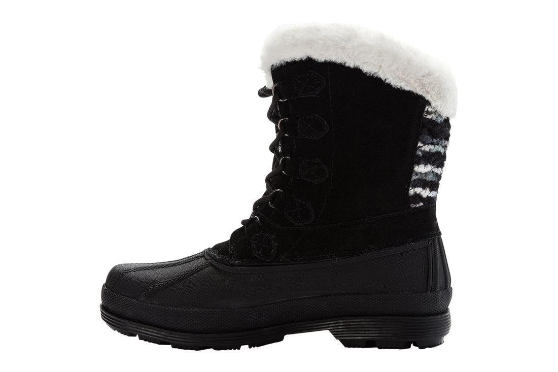 Boot, Propet Lumi Tall Lace, black waterproof suede, textured sole, lace-up front, white faux fur lining.